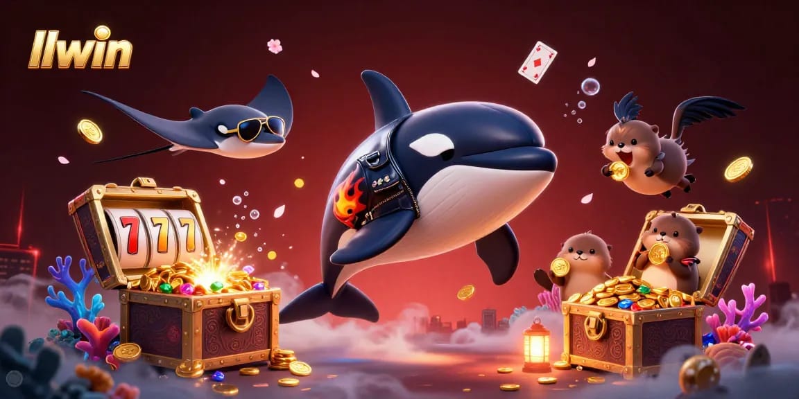 Experience thrilling wins at llwin with a 3D casino scene featuring an orca in a biker jacket, sea otters, and vibrant slot elements.