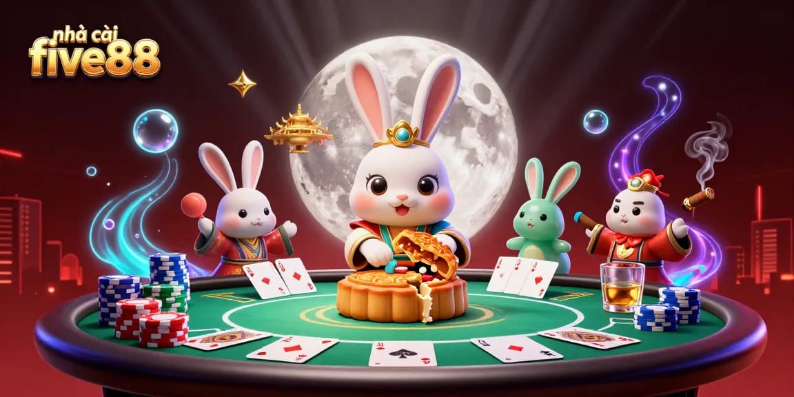 nhà cái five88 cartoon illustration of a moon rabbit gambling with poker chips and a jade companion