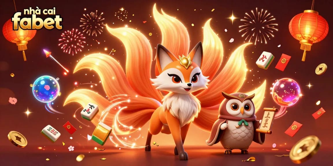 Engage with the vibrant world of nhà cái fabet through a magical 3D illustration featuring a nine-tailed fox and wise owl amongst festive gaming elements.