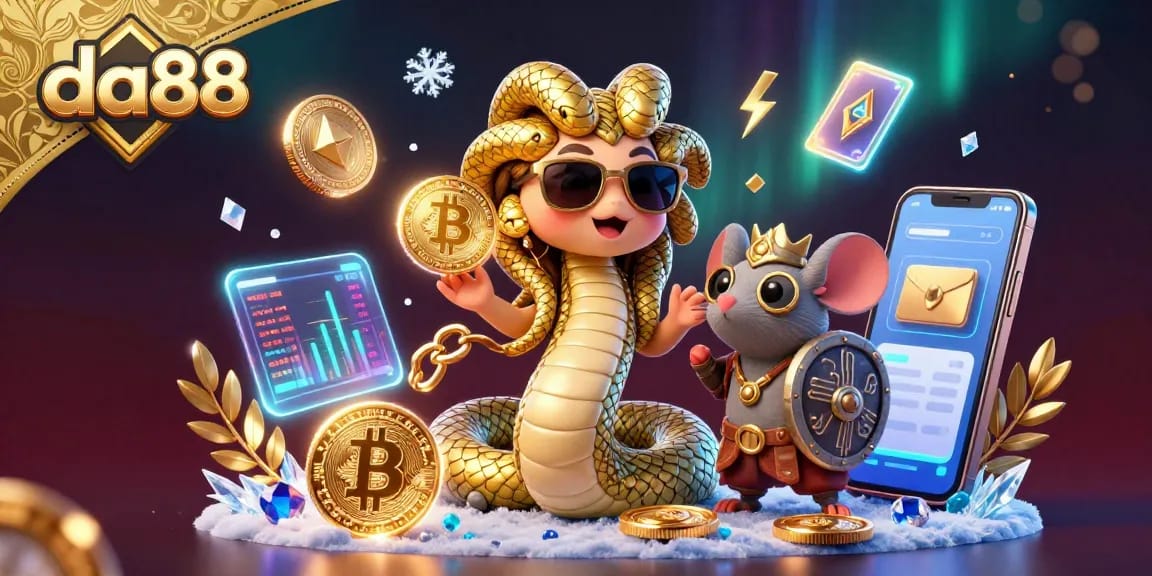 Engage with da88 through a vibrant illustration featuring a cute Medusa and crypto elements.