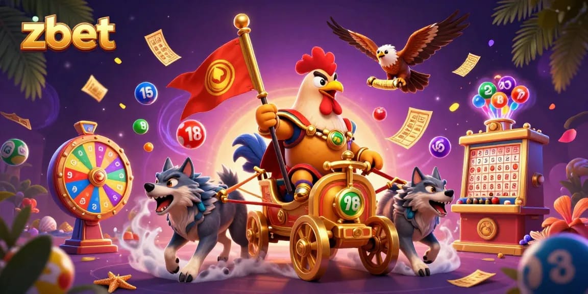 Experience the thrill of winning with zbet's captivating lottery and casino scene, featuring vibrant game elements.