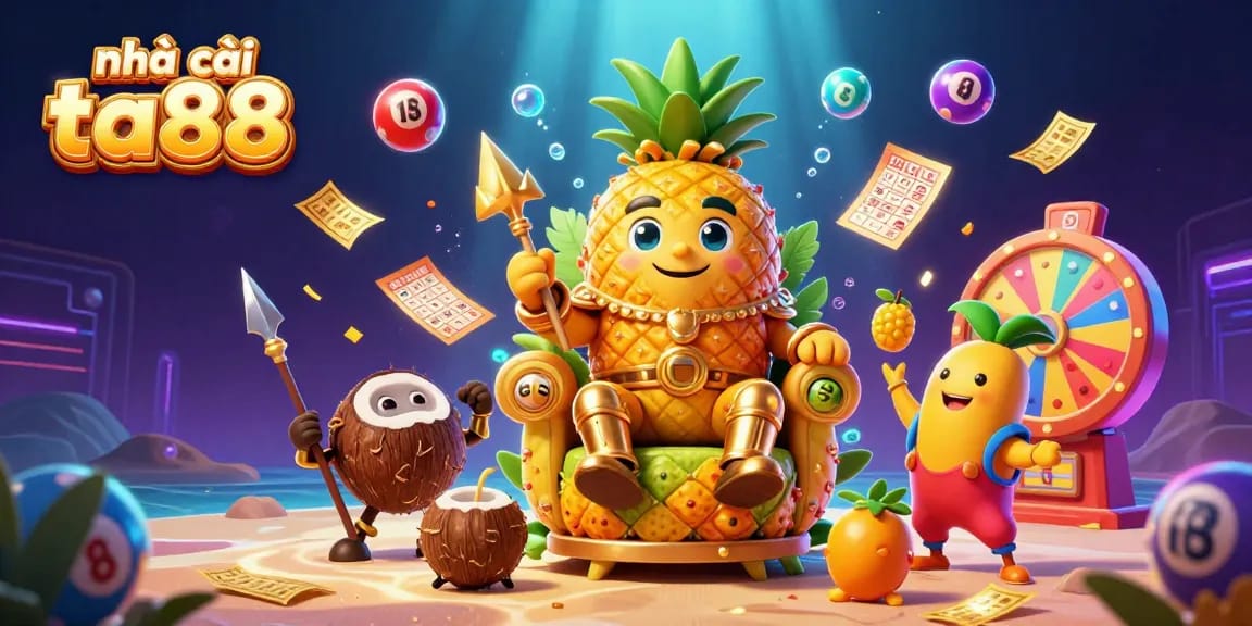 Engage with nhà cái ta88 in a lively casino scene featuring a golden pineapple king and dynamic game elements.