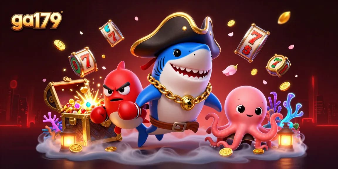 Play slots with ga179 in this vibrant underwater scene featuring a pirate shark and friends.