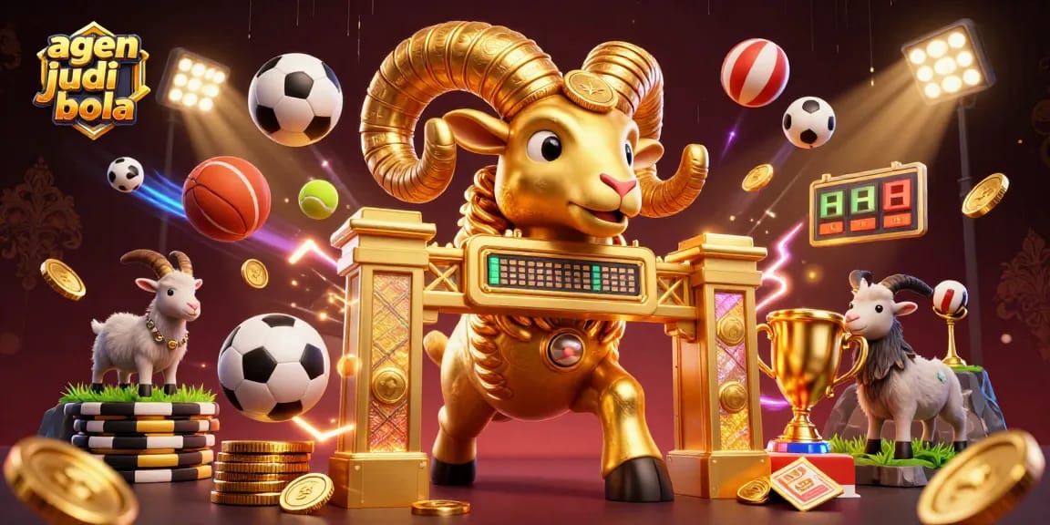 Bet on agen judi bola with an exciting scene of golden ram charging, sports balls flying, and vibrant casino elements.