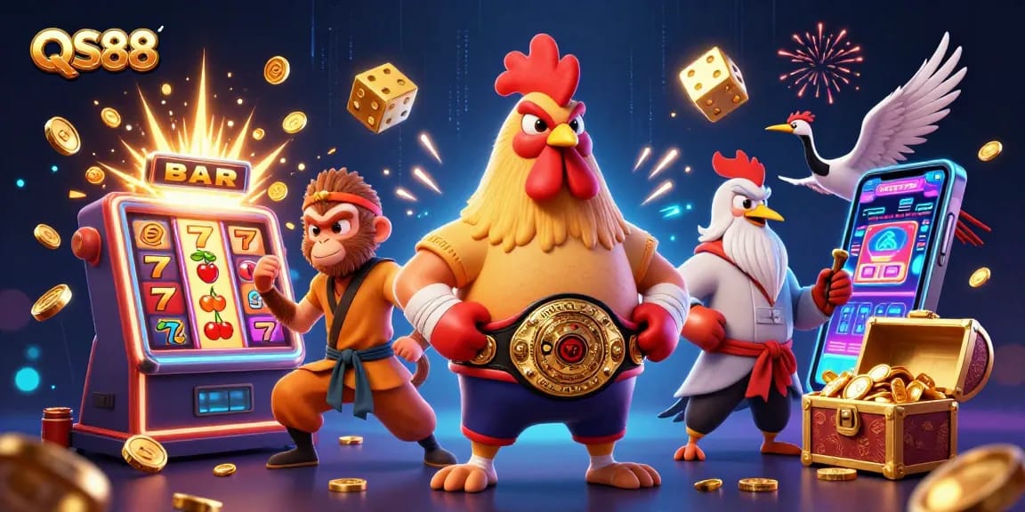 Engage in thrilling gameplay with QS88 as cartoon characters celebrate big wins and jackpot moments.