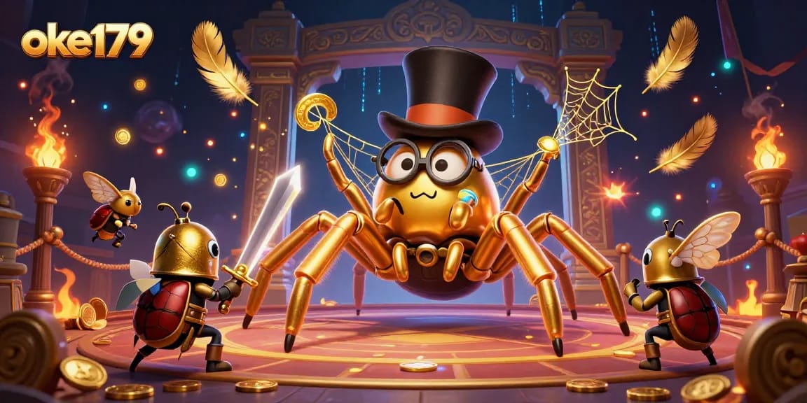 Engage with exciting games at oke179 featuring a golden tarantula and knight in a vivid casino scene.