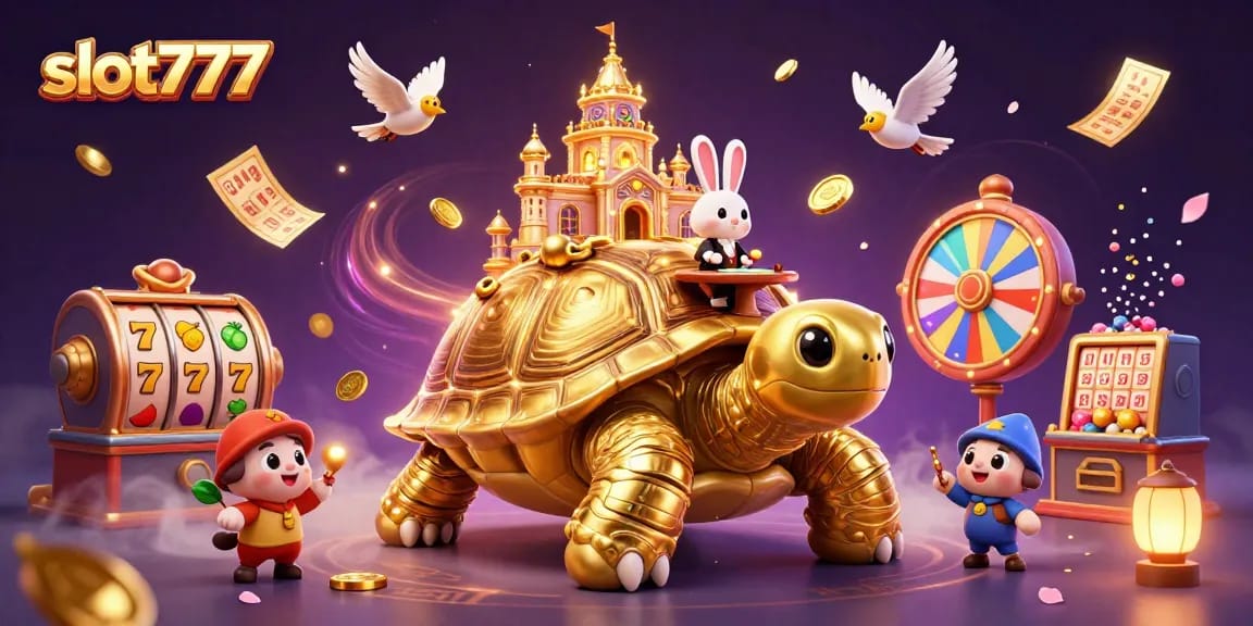 Experience thrilling slot777 action in a vibrant casino scene with a golden tortoise and rabbit dealer.