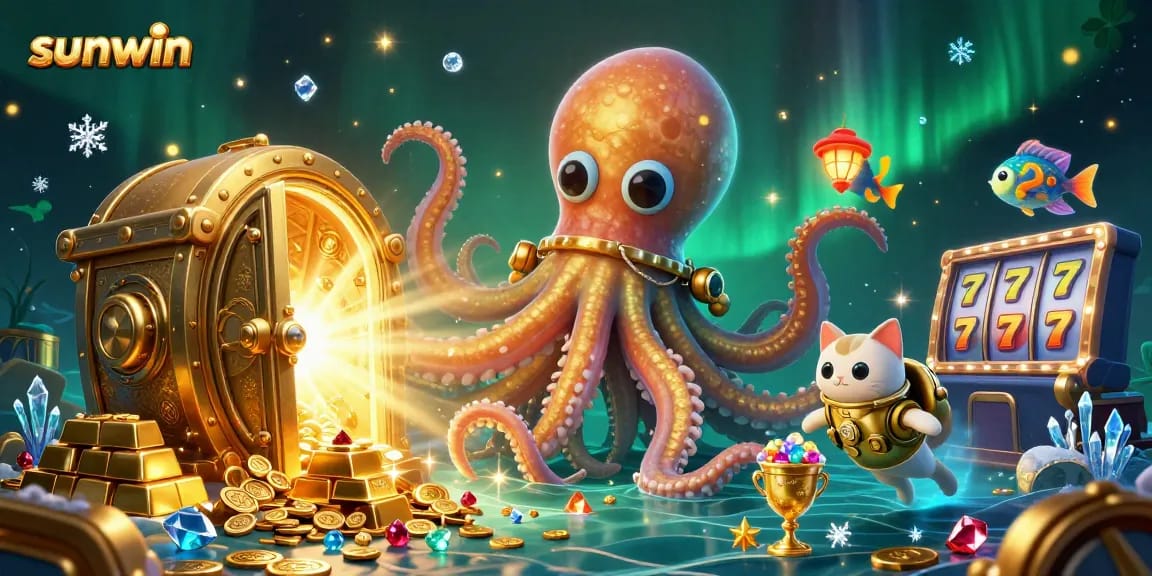 Experience thrilling wins with sunwin's online casino featuring a kraken, diving cat, and vibrant treasures.