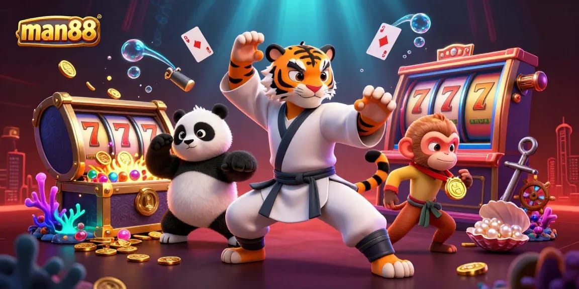 Experience man88's thrilling gaming action with a kung fu tiger master and friends amidst vibrant casino elements.