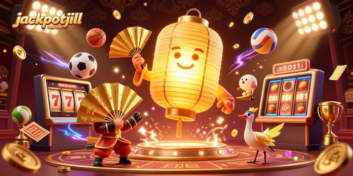 Engage in the jackpotjill casino scene filled with excitement from flying sports balls, vibrant neon lights, and a golden lantern spirit.