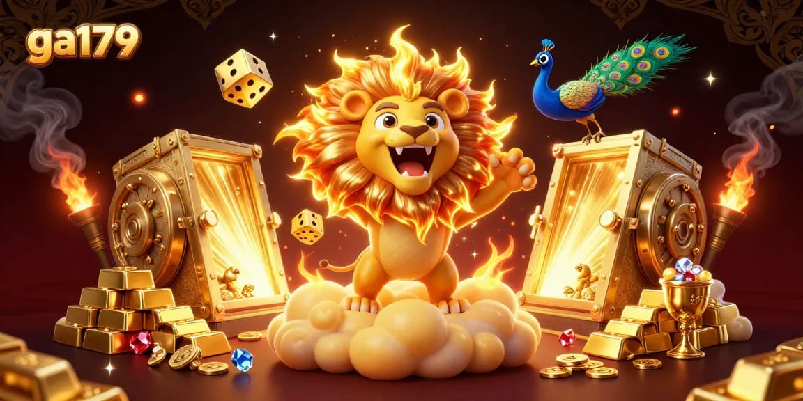 Experience excitement at ga179 with a roaring lion and golden treasures in this stunning illustration.