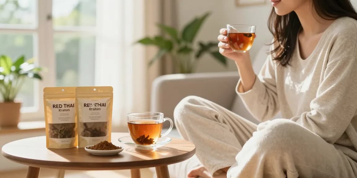 Shop red Thai Kratom at Happy Go Leafy, enjoy relaxation benefits in cozy living space