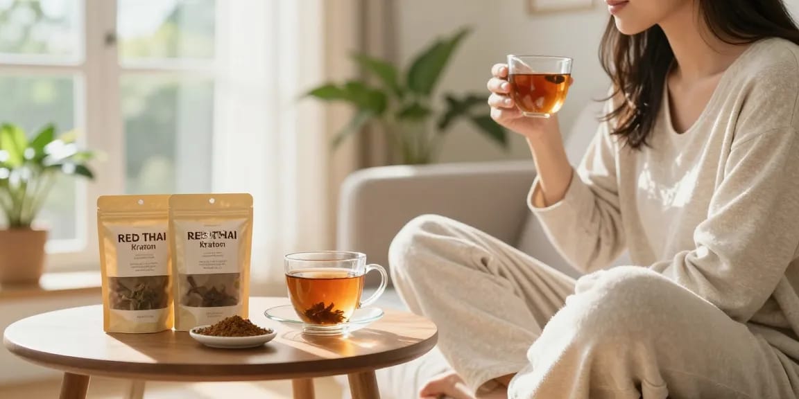 Shop red Thai Kratom at Happy Go Leafy, enjoy relaxation benefits in cozy living space