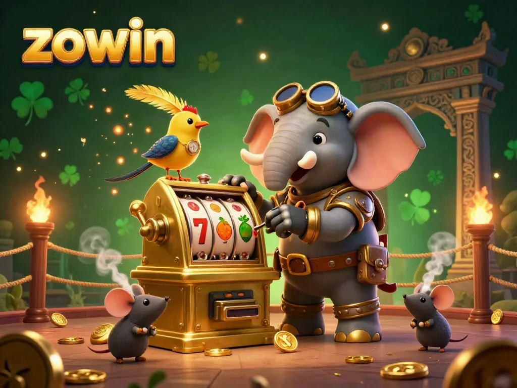 Zowin slot machine masterpiece featuring a steampunk elephant engineer and dynamic casino elements.