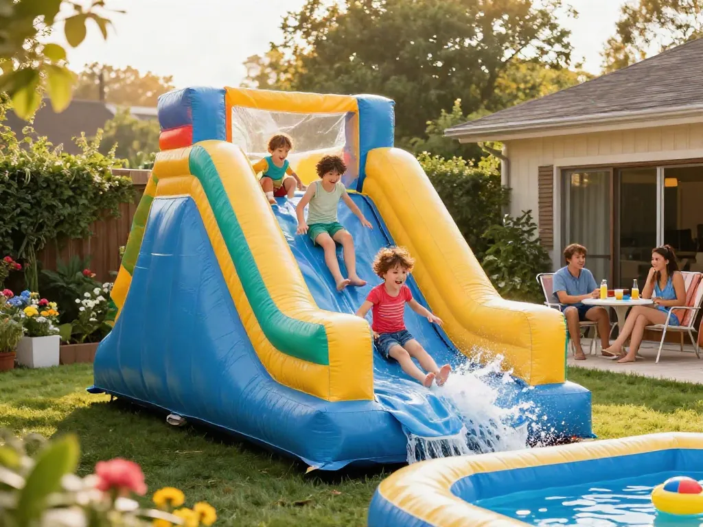 Children enjoying an inflatable water slide in a vibrant backyard setting.