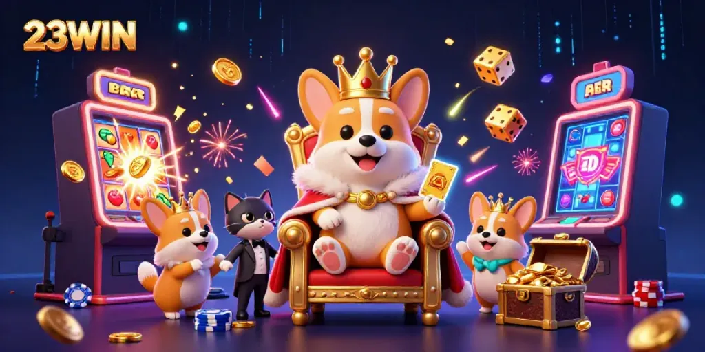 Celebrate big wins with 23WIN in this vibrant 3D cartoon casino illustration featuring a royal corgi.