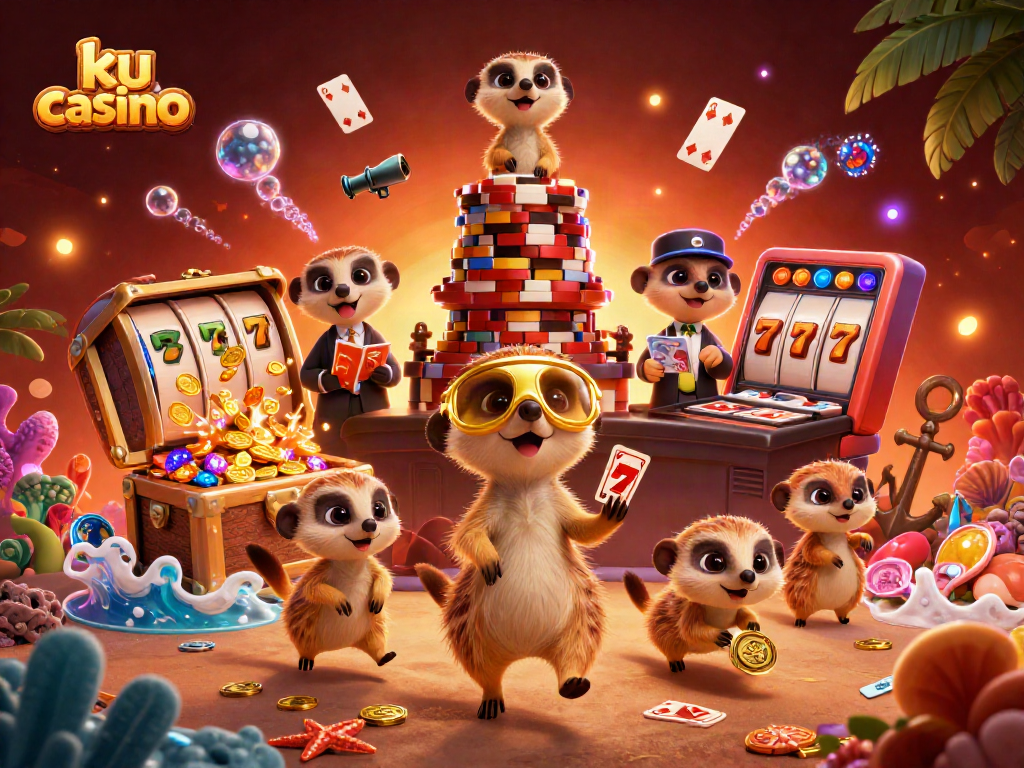 Experience the excitement at ku casino with lively meerkats managing games, vibrant slot reels, and rewards.