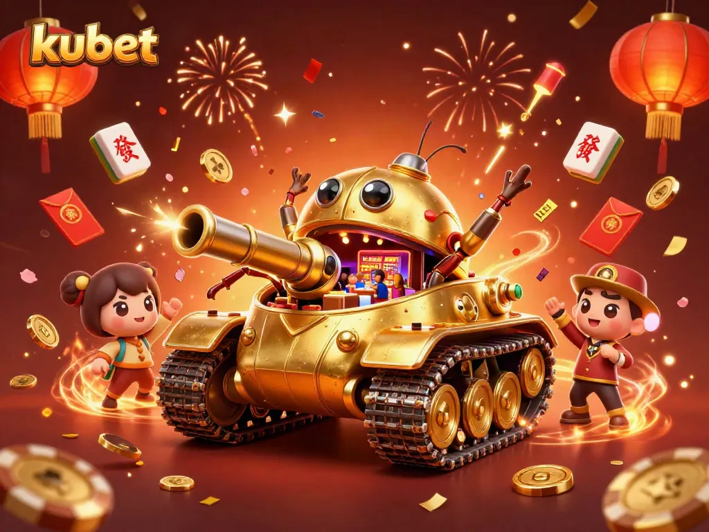 Experience the excitement of kubet with a vibrant 3D casino scene featuring games, confetti, and gold coins