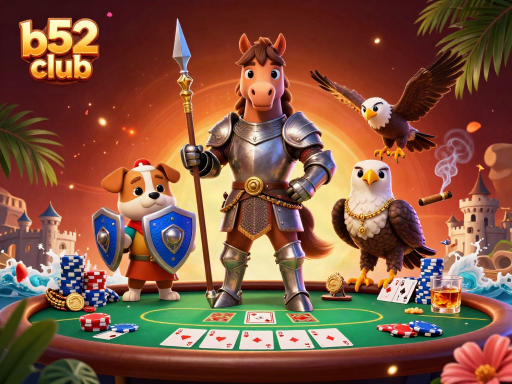 Engage with the vibrant b52 club scene featuring a knight, puppy, and falcon at a poker table.