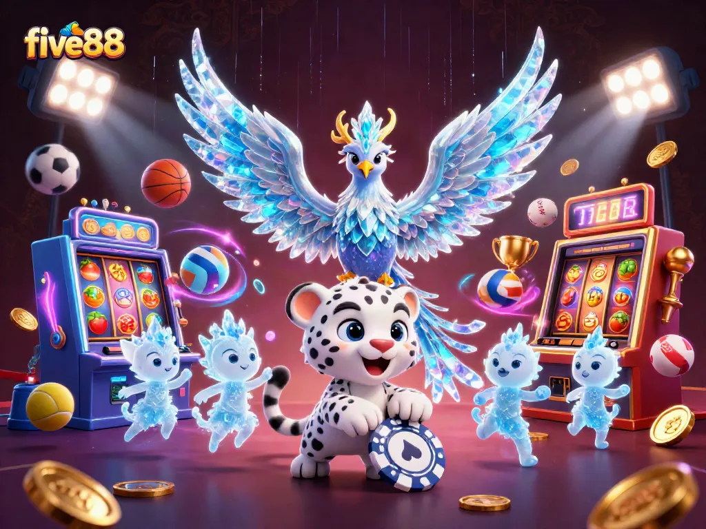 Engage with five88 in this animated casino scene featuring vibrant slot machines and lively characters.