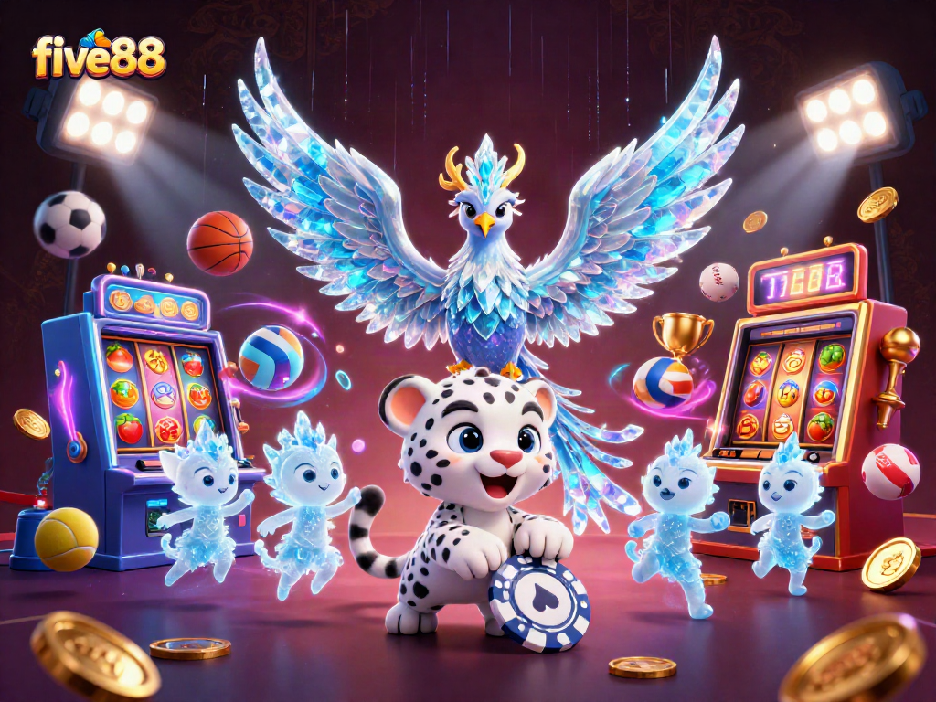 Engage with five88 in this animated casino scene featuring vibrant slot machines and lively characters.