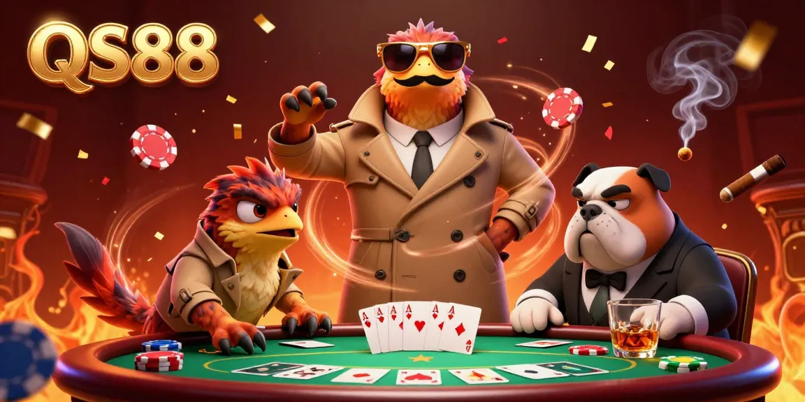 Engaging scene at QS88 casino with cartoon raptors attempting entry while surrounded by poker elements.