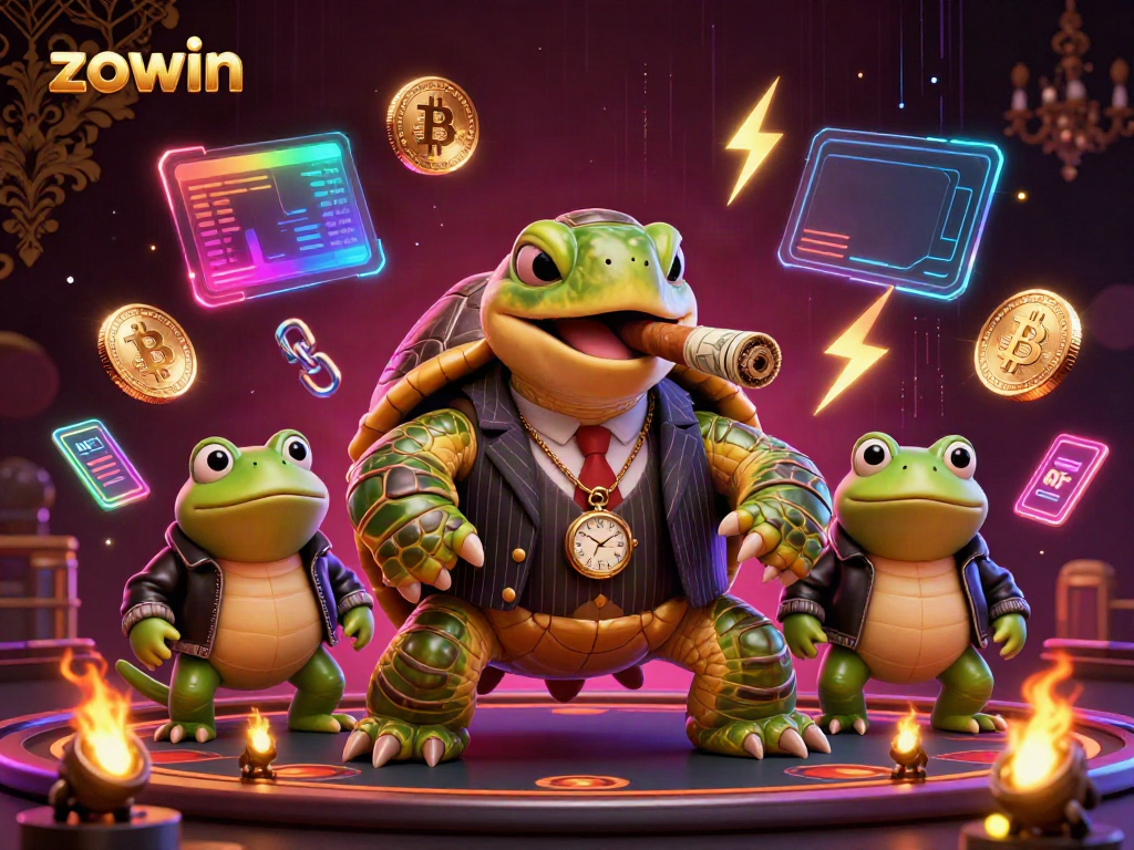 Engage with Zowin's thrilling casino adventure featuring a cartoon turtle in a mobster suit.