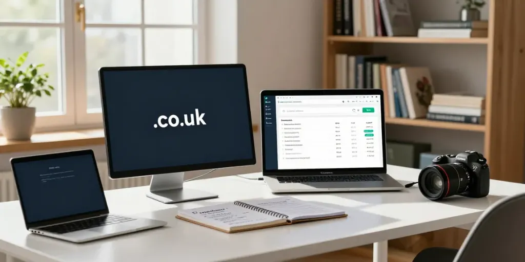 Expert .co.uk domain registration workspace featuring monitors with availability search and pricing details.