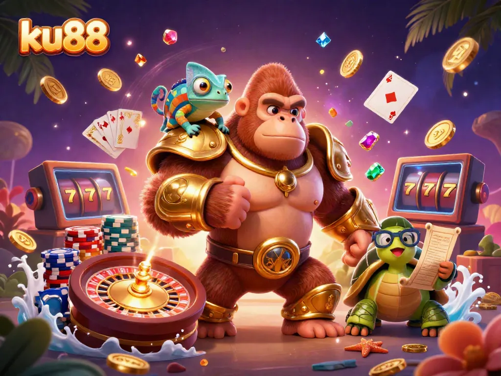 Experience thrilling games at ku88, showcasing a 3D gorilla, chameleon, and tortoise in a vibrant casino scene.