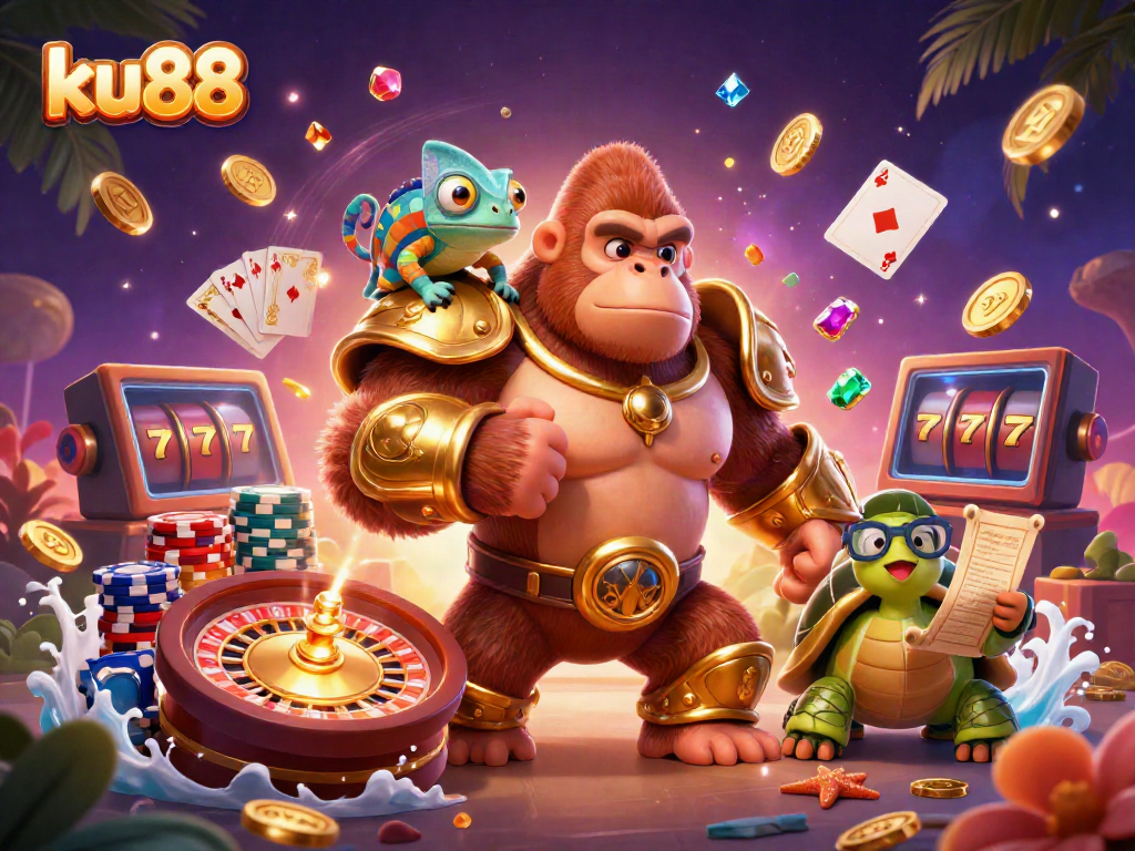 Experience thrilling games at ku88, showcasing a 3D gorilla, chameleon, and tortoise in a vibrant casino scene.
