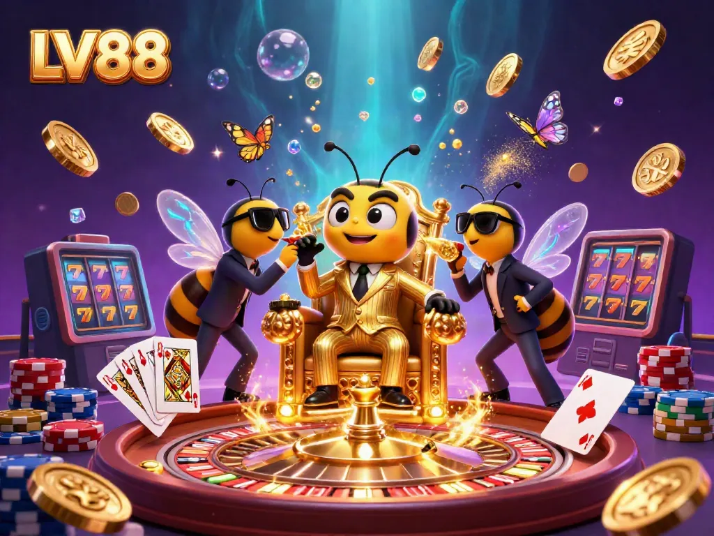 Engage with the LV88 casino scene featuring a bumblebee mob boss amidst cascading gold coins and colorful poker chips.