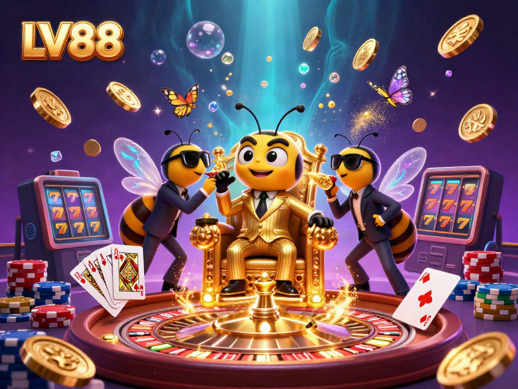 Engage with the LV88 casino scene featuring a bumblebee mob boss amidst cascading gold coins and colorful poker chips.