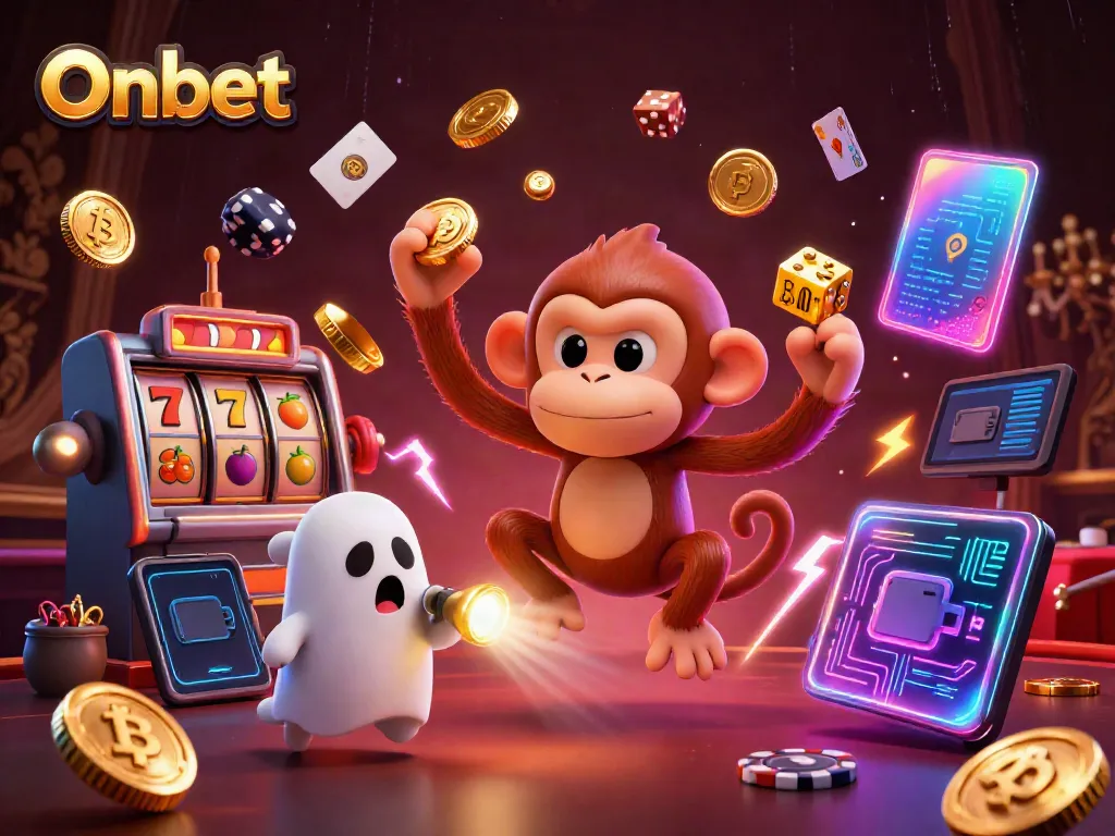 Engage with the thrilling Onbet casino scene featuring a mischievous monkey and ghost-hunter puppy.