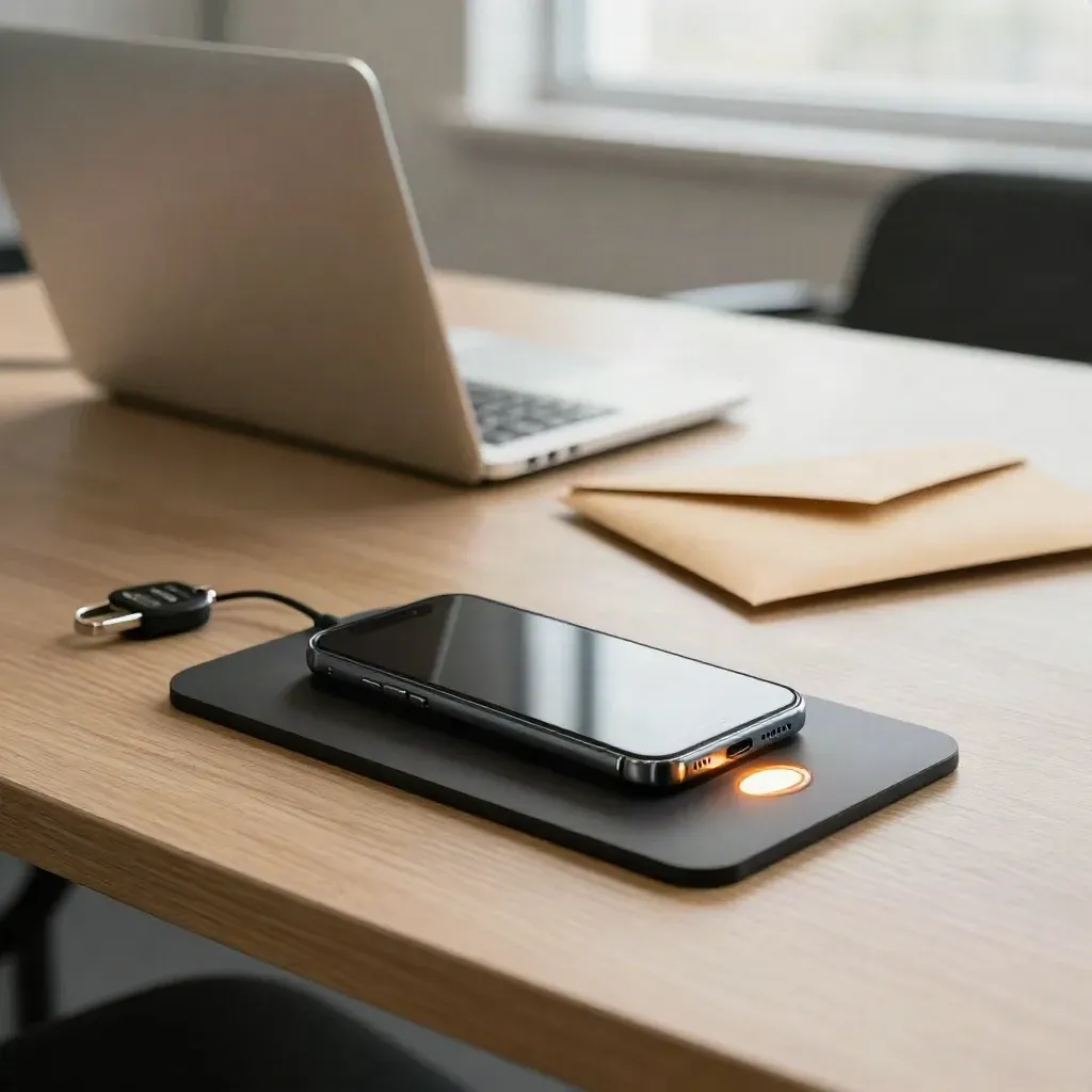 Phone, security key, shut laptop, and sealed envelope on an oak training table.