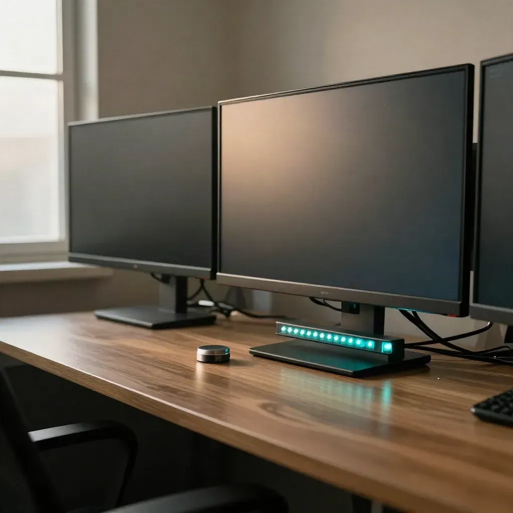 Dark monitoring desk with sensors and teal warning LEDs in a moody office corner.