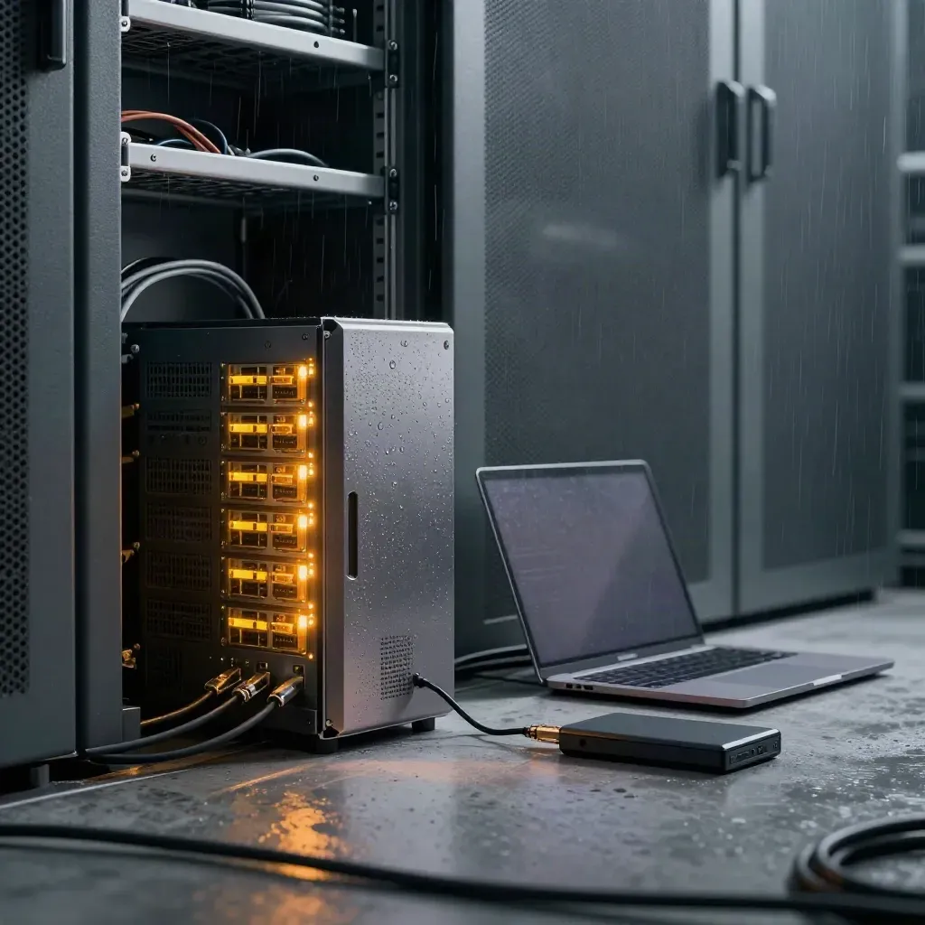 Glowing network security gateway beside a closed laptop in a misty server alcove.