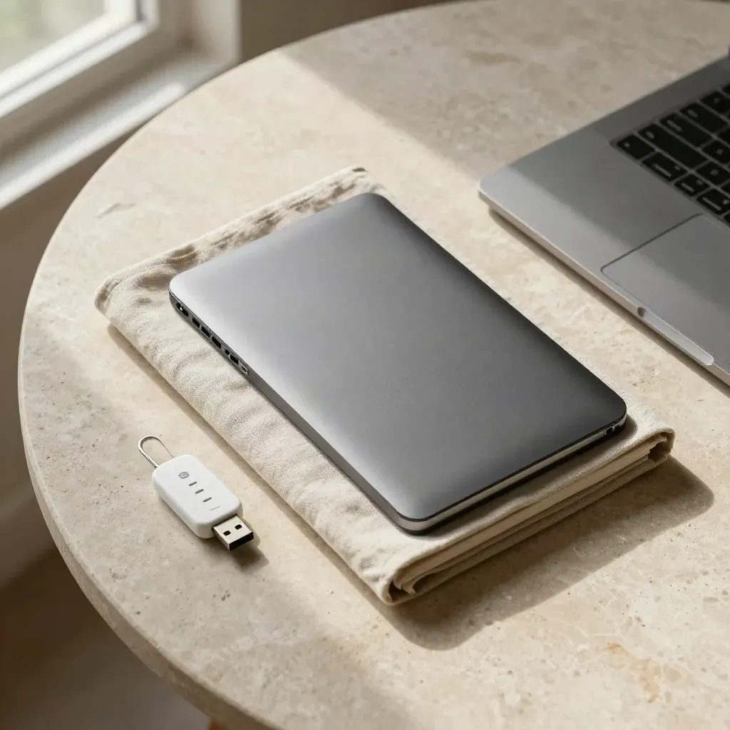 Closed notebook, compact laptop, USB security key and folded cloth on a stone meeting table in warm window light.
