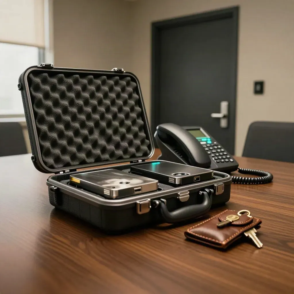 Open incident response kit, backup drives and keys on a late-night conference room table.