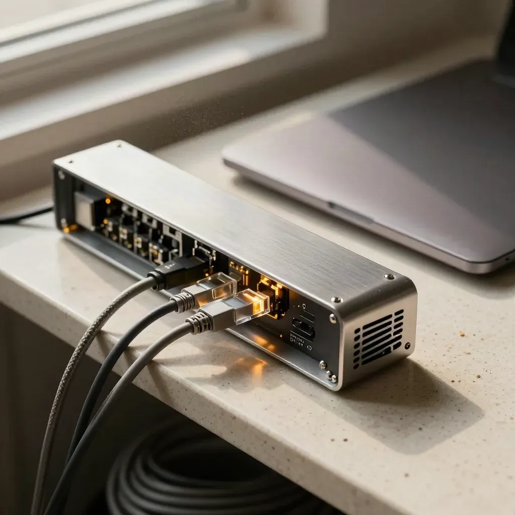 Open patch panel with a pulsing scan device, braided cables, and a shut laptop in a server rack.