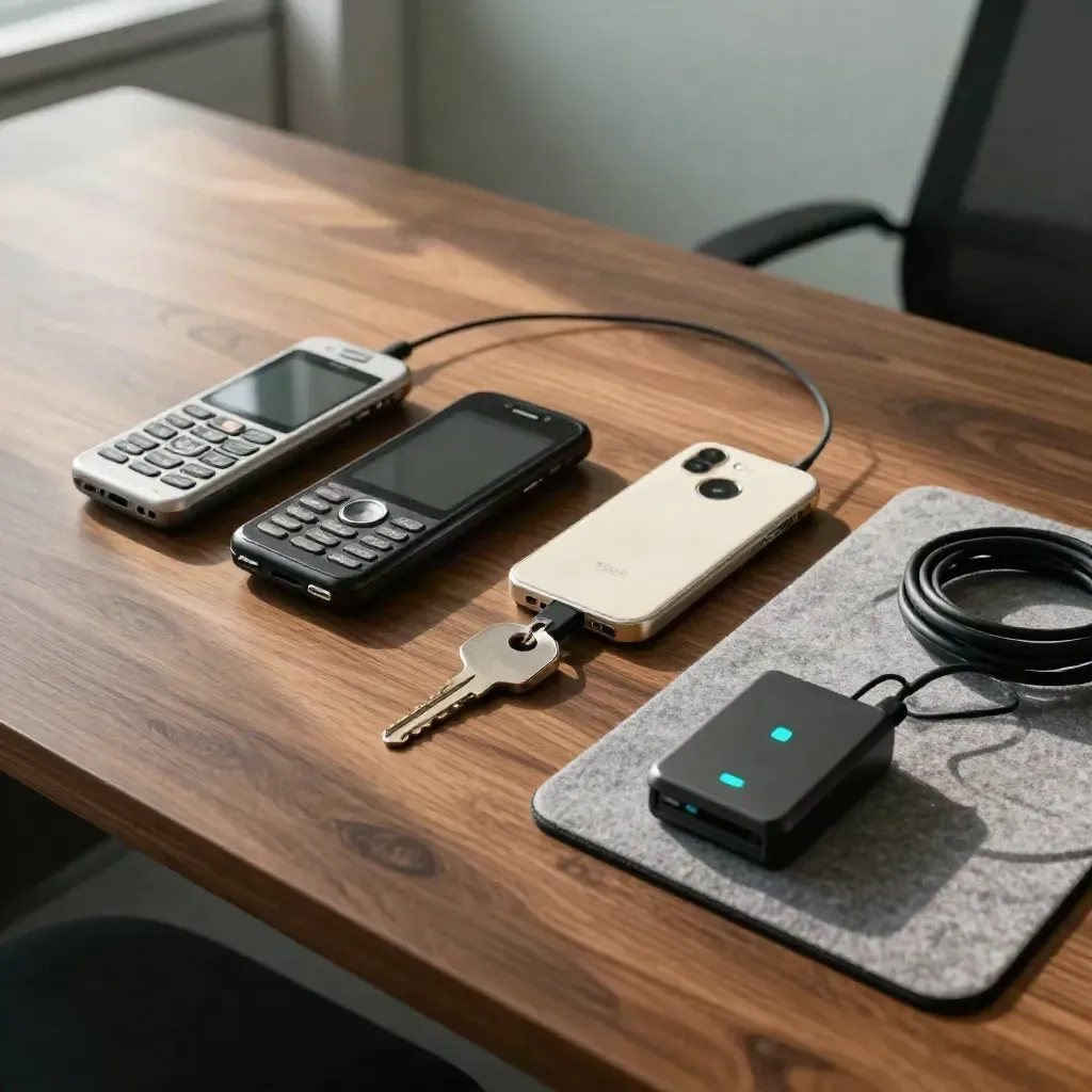 Top-down flat lay of office phones, security key and card dock for a phishing drill