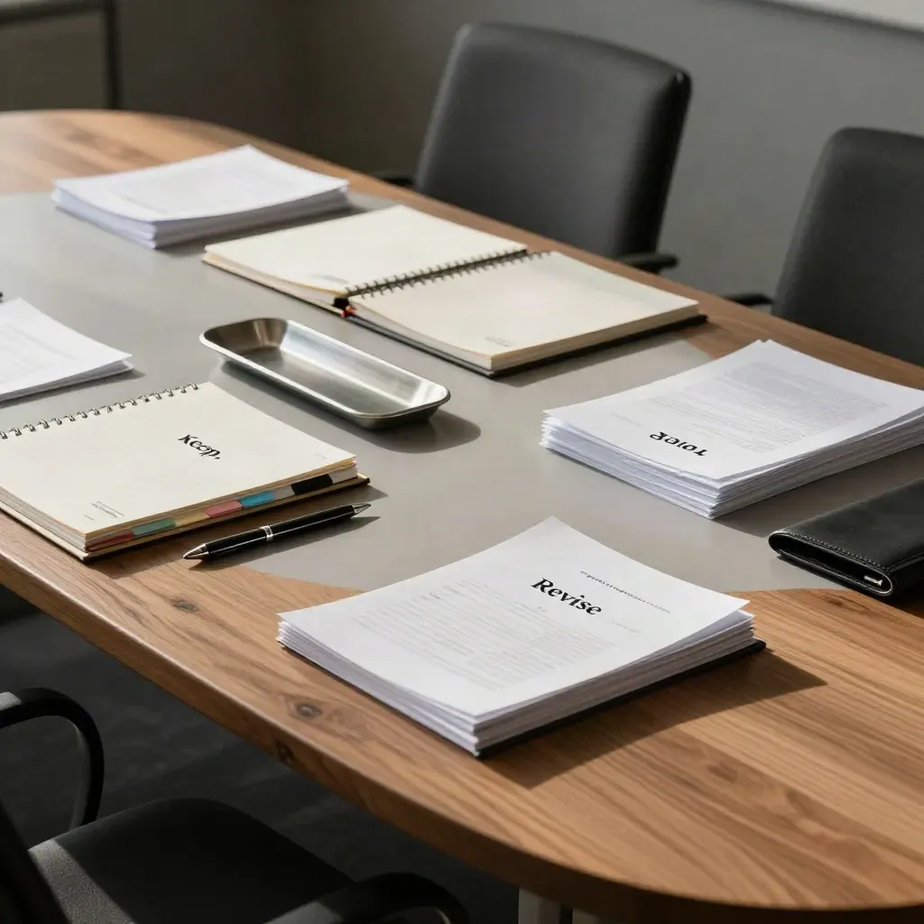 Boardroom table with sorted policy binders, tabs, and face-down papers under soft daylight.