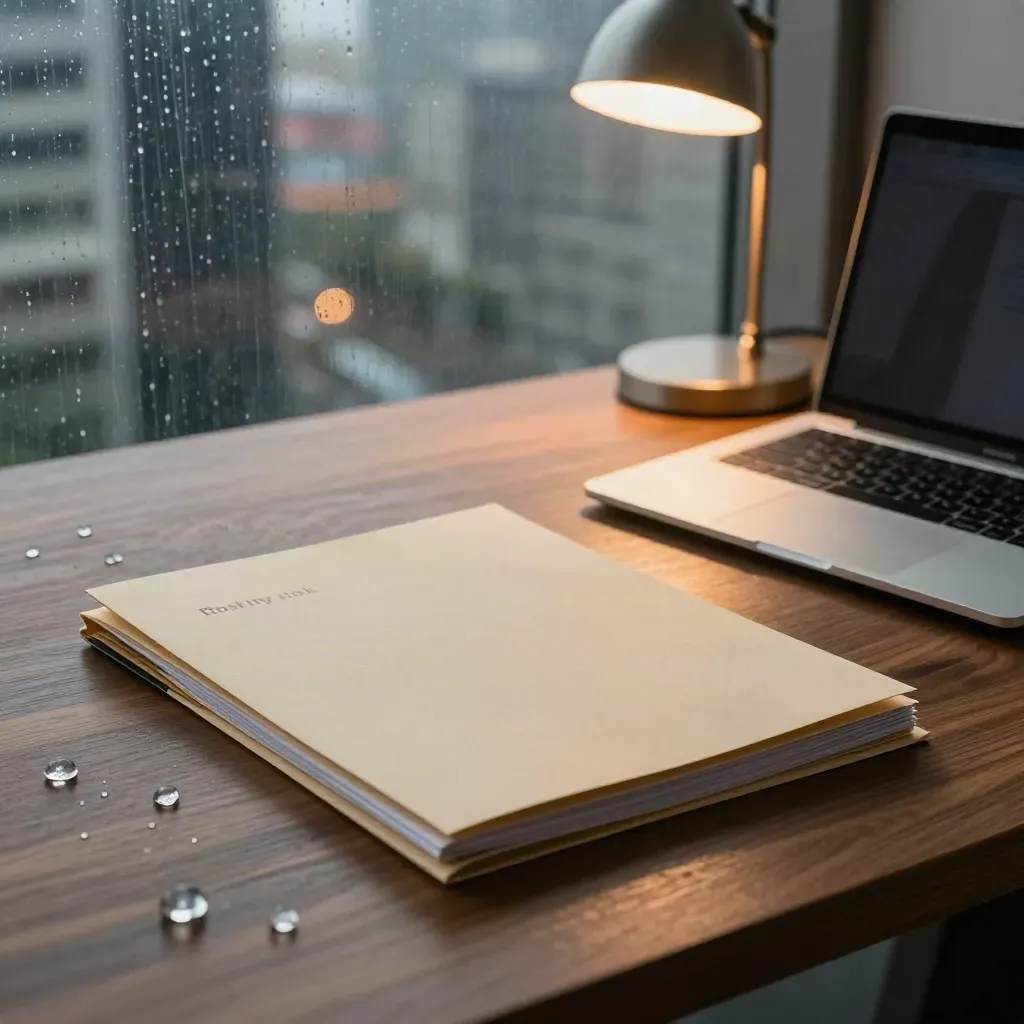 Risk report folder, angled laptop and amber desk lamp beside rain-streaked office glass.