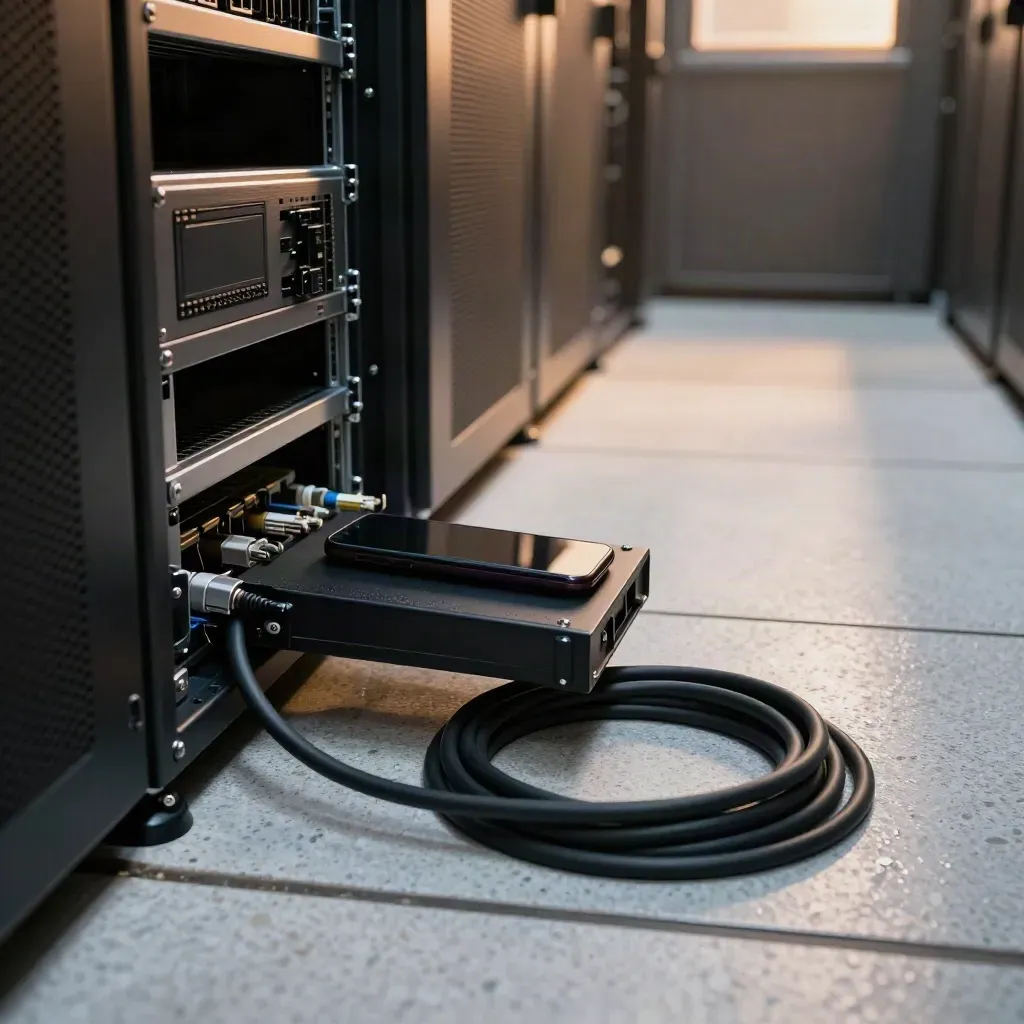 Open backup case, silent phone, and coiled cable under a server rack in hazy light