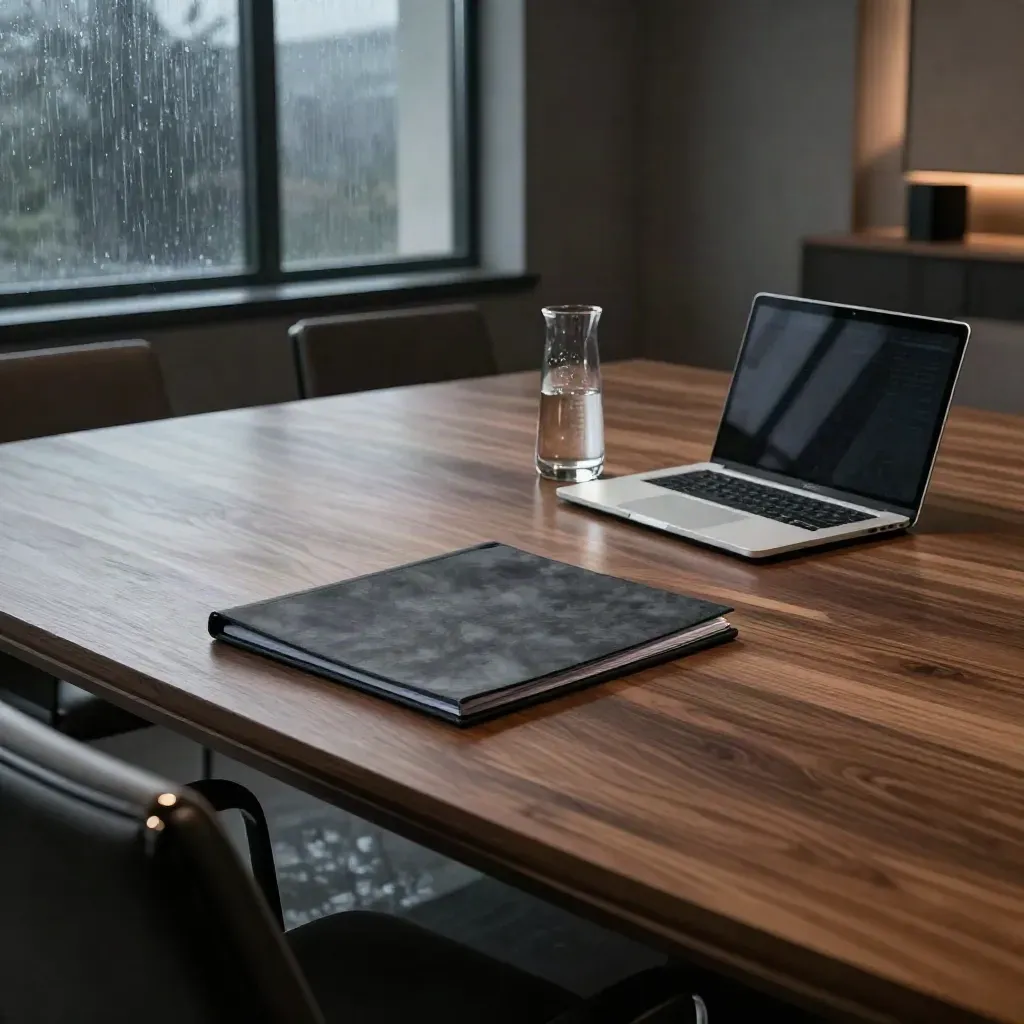 Empty boardroom table with risk folder, glass carafe and angled laptop under rain-softened window light