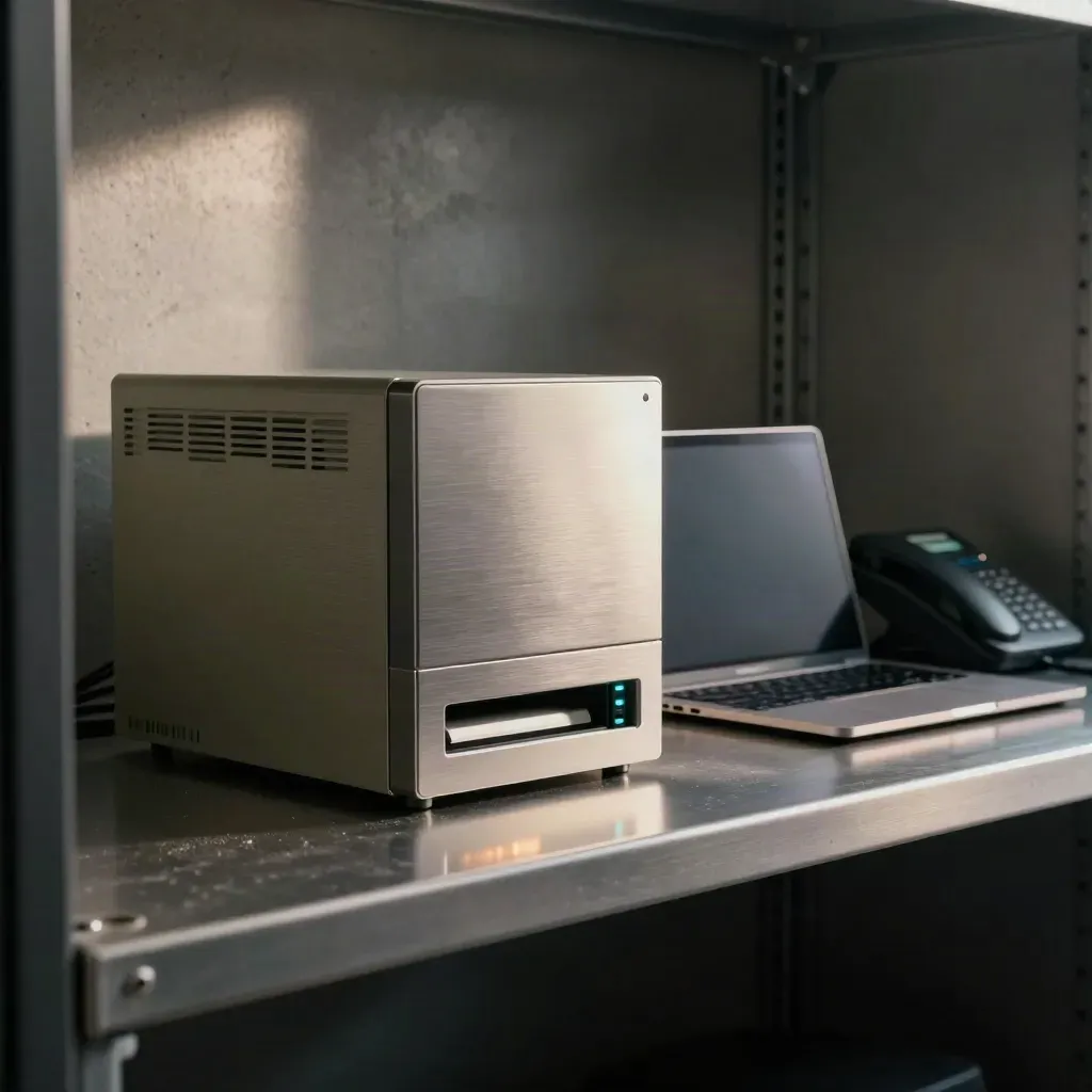 Mail gateway appliance, closed laptop and two queued phones on a shelf in a dark server alcove.