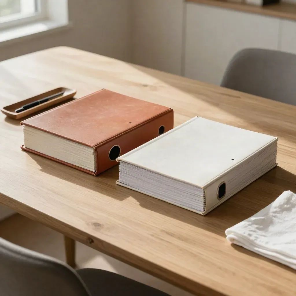 Bright meeting room table with face-down policy binders, a pen tray and folded linen.