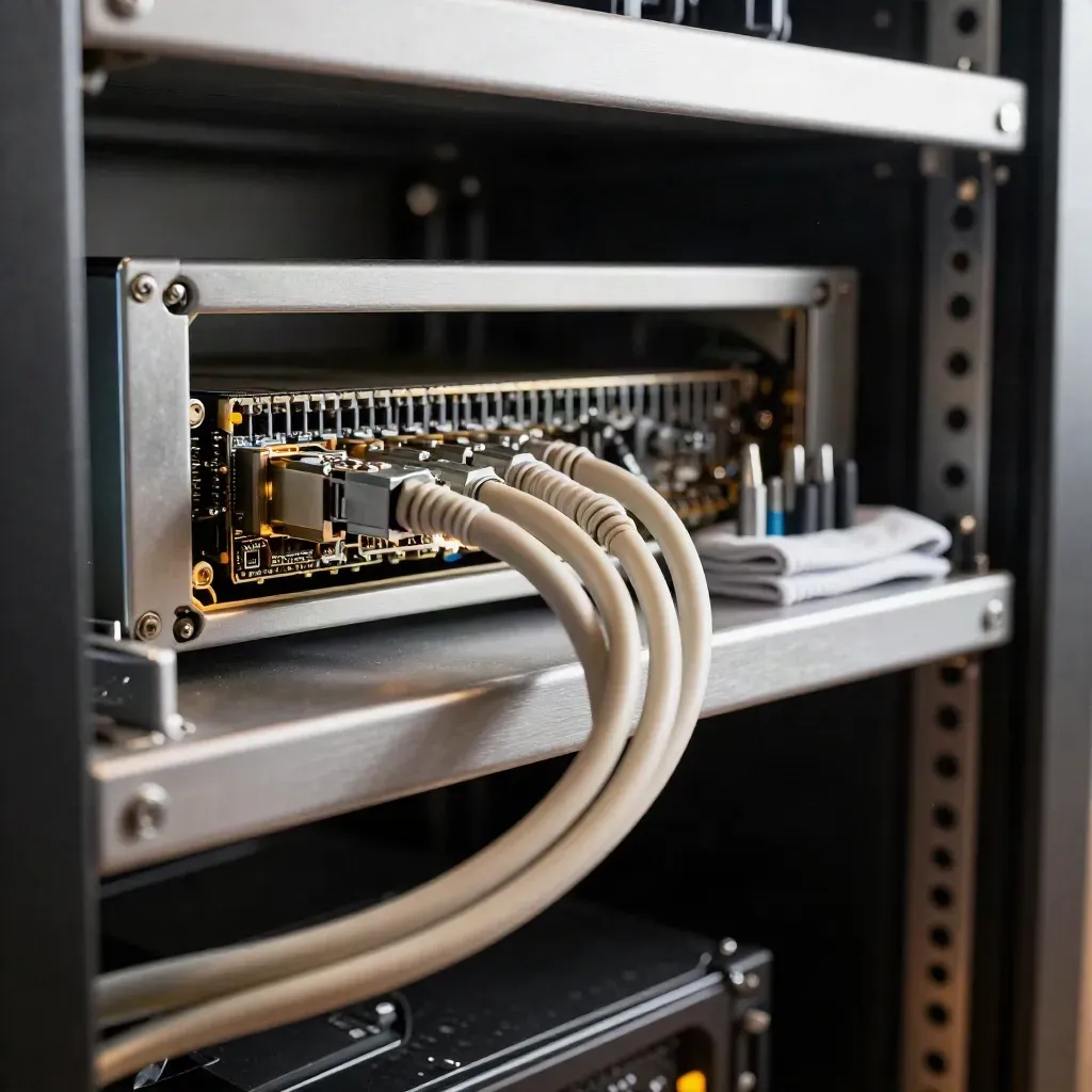 Glowing server update module amid braided cables on an open rack shelf.