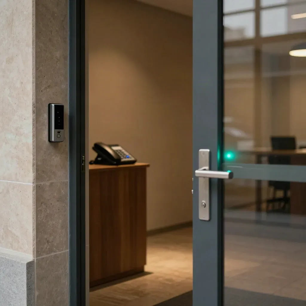 Quiet office entrance with badge reader, phone, and glowing status beacon by a glass door