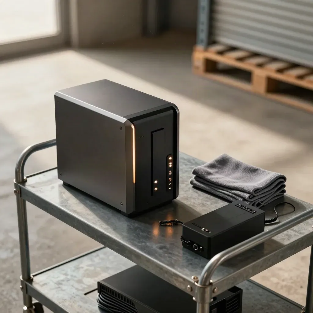 Restore cart with drives and NAS staged for a backup drill in a warehouse