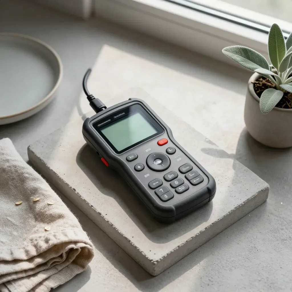 Overhead flatlay of a network tester with linen, ceramic dish and plant on concrete.